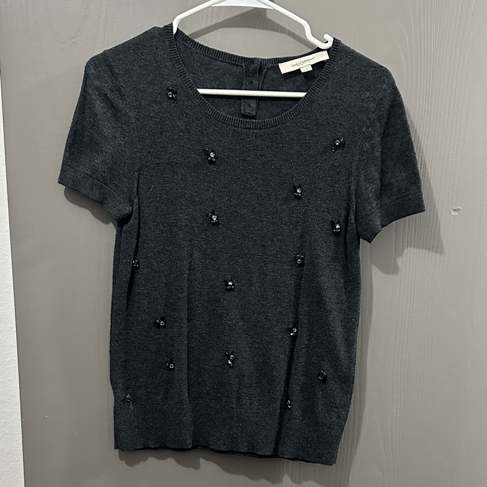 LOFT Charcoal Embellished Short Sleeve Top
